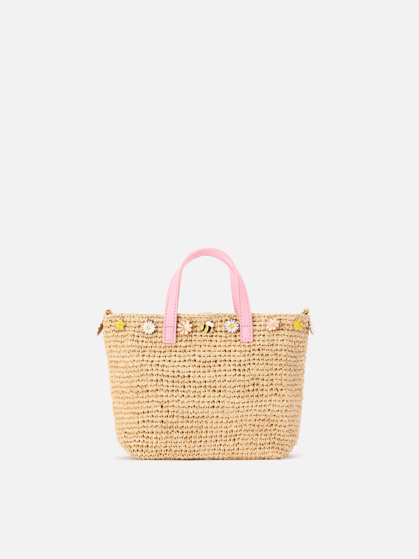 Borsa City mini in raffia con charms applicati e logo ricamato