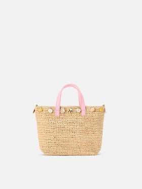 Borsa City mini in raffia con charms applicati e logo ricamato