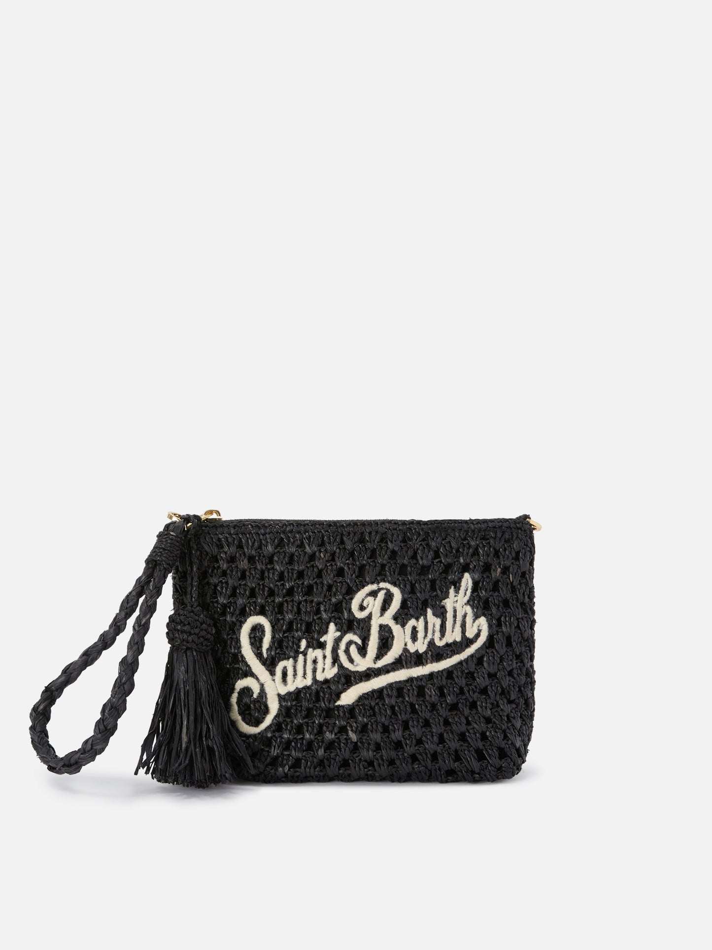 Black Raffia pouch with embroidered logo