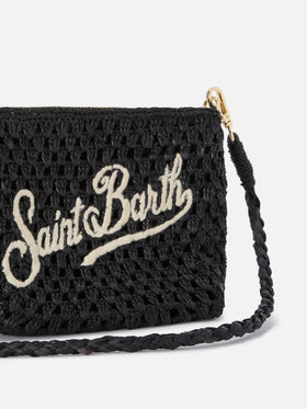 Black Raffia pouch with embroidered logo