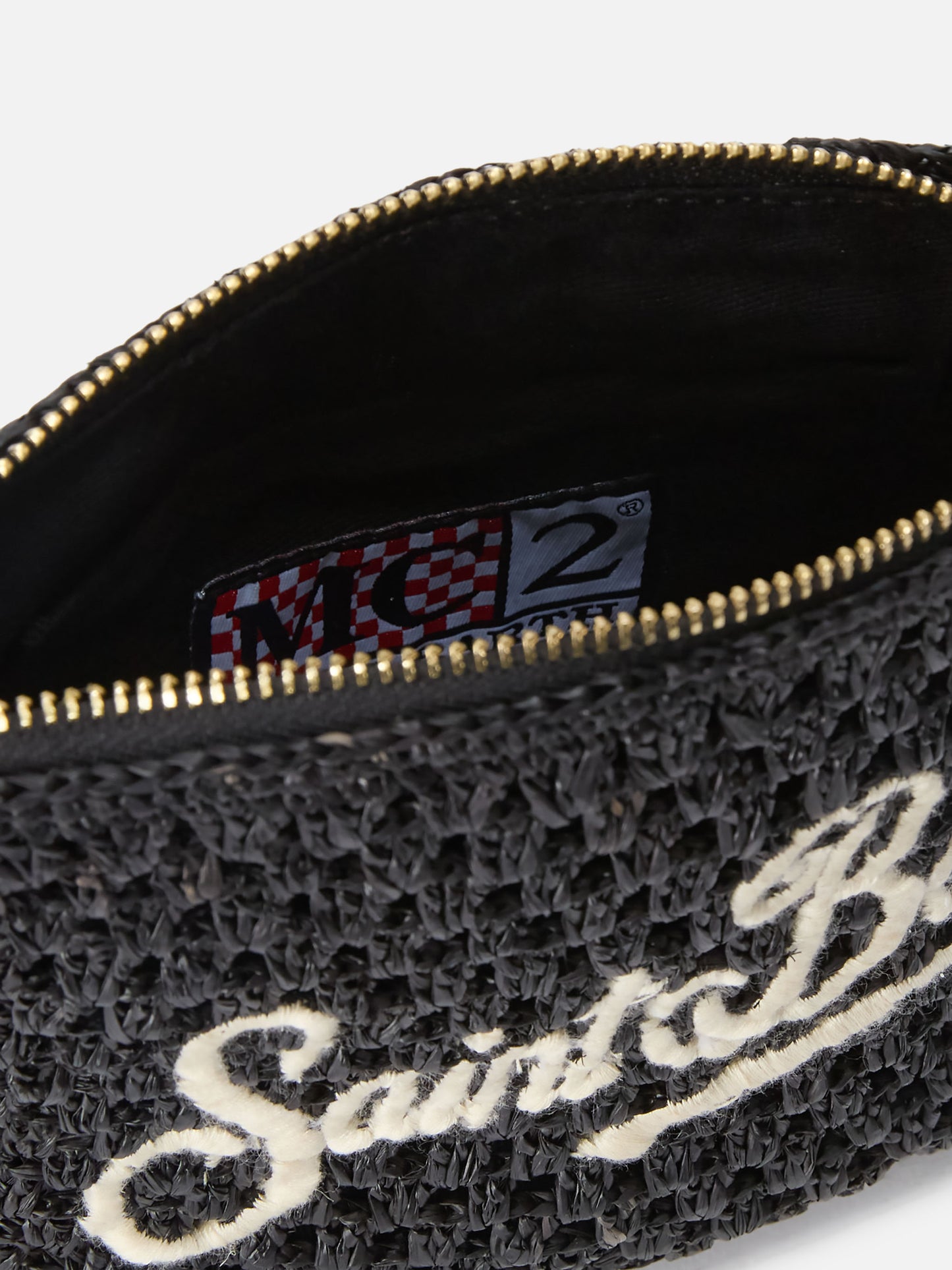 Black Raffia pouch with embroidered logo