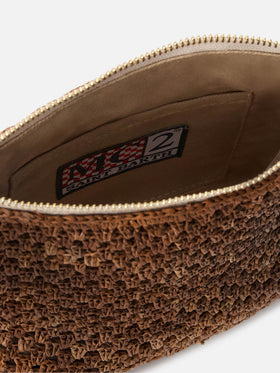 Brown Raffia pouch with embroidered logo