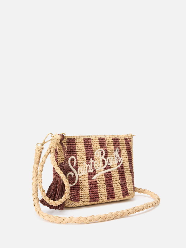 Striped raffia pouch with embroidered logo