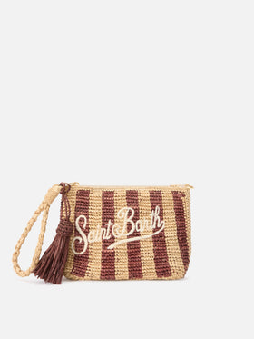 Pochette de rafia a rayas con logotipo bordado 