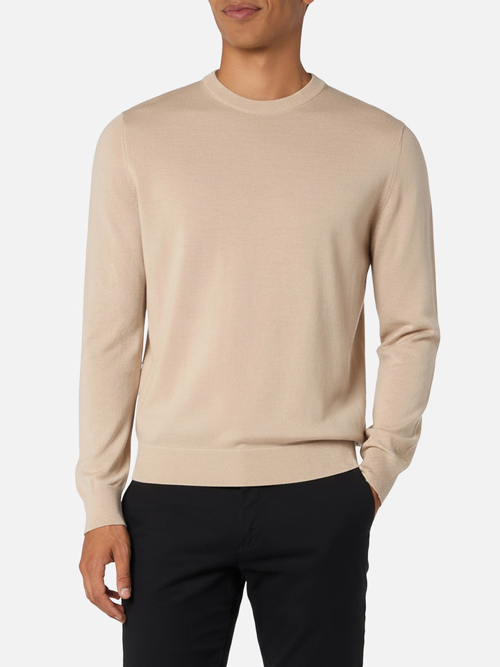 Maglione girocollo Regent beige in 100% LANA MERINO