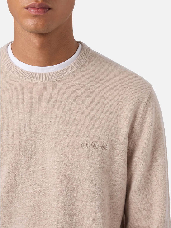 Beige Regent crewneck sweater with tartan trim