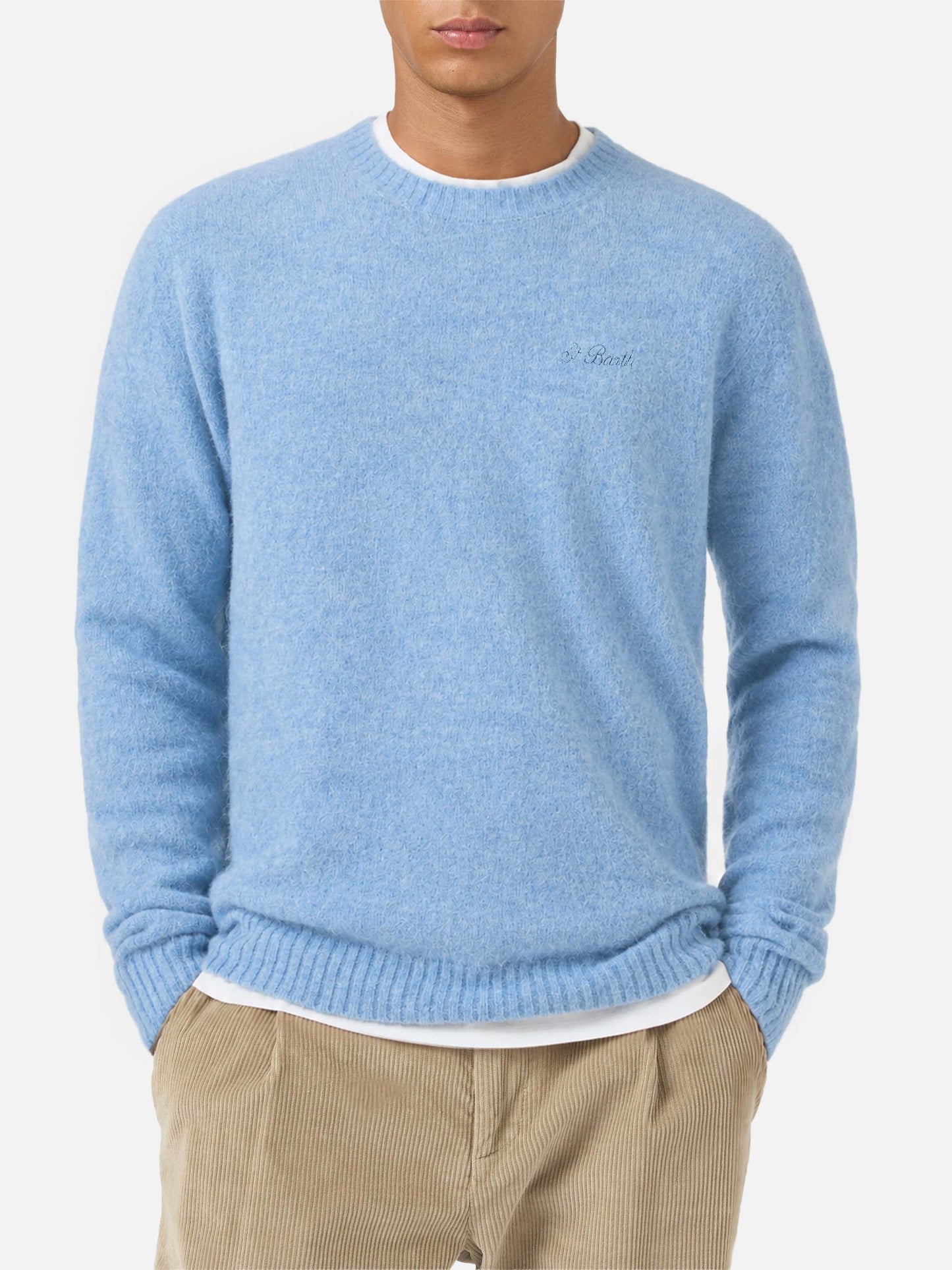 Pull col rond Regent en ALPACA STRETCH azzurro 