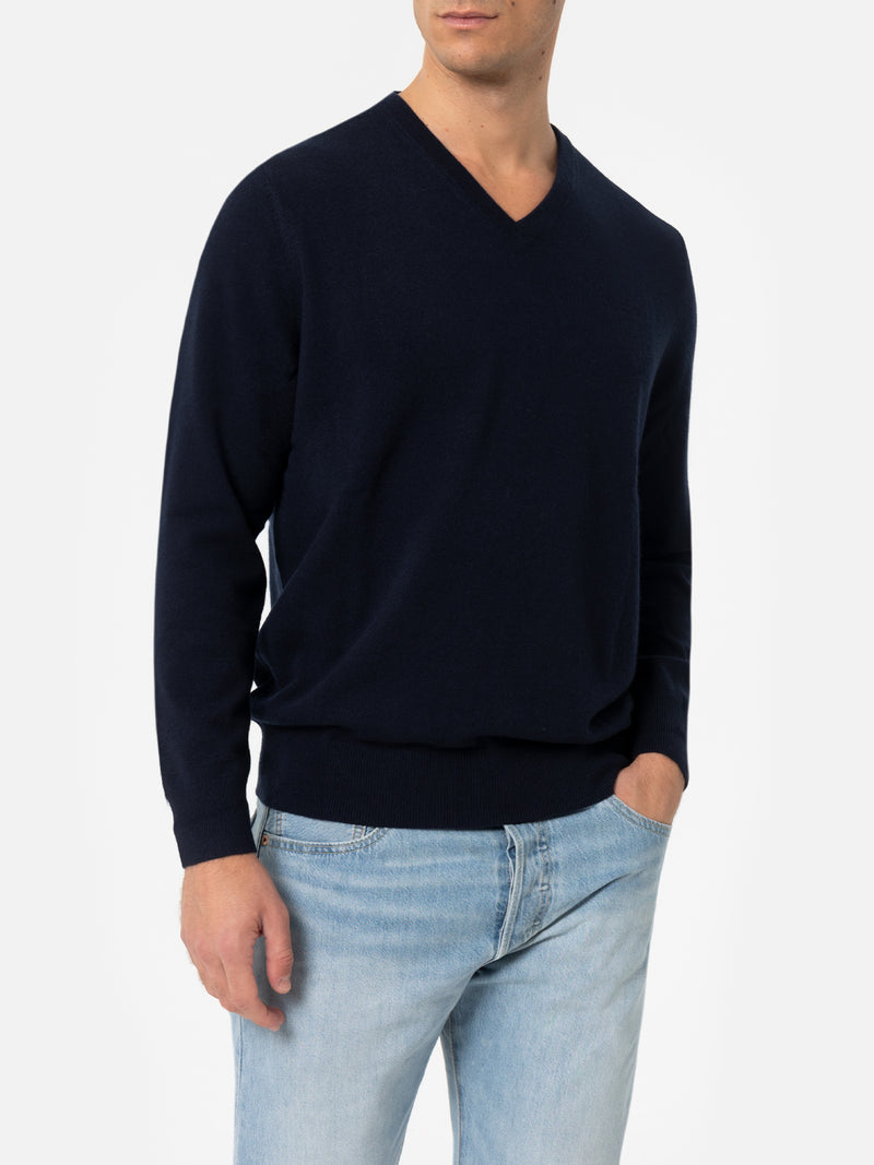 Marineblauer Pullover aus Kaschmirmischung mit V-Ausschnitt für Herren Regent