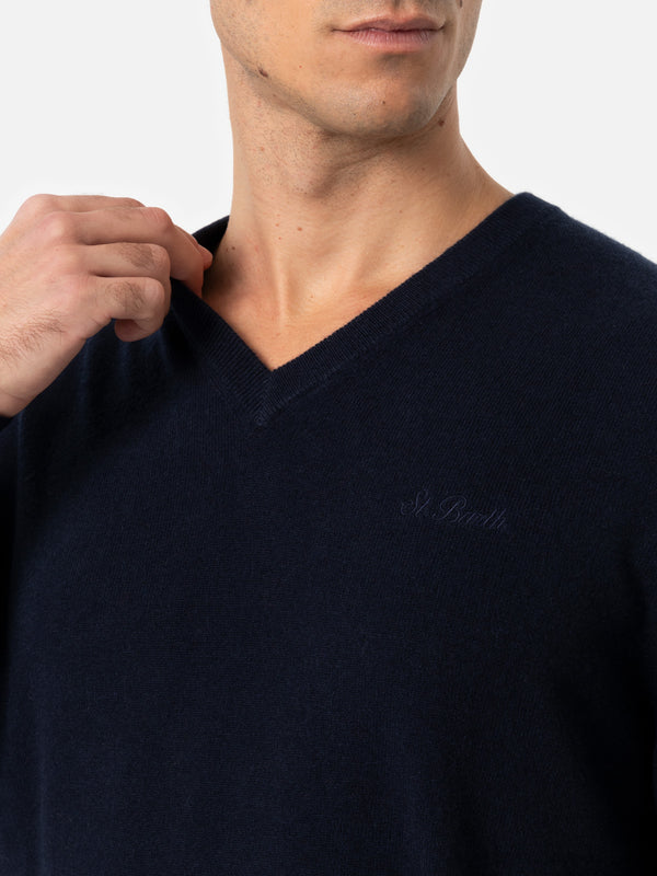 Marineblauer Pullover aus Kaschmirmischung mit V-Ausschnitt für Herren Regent