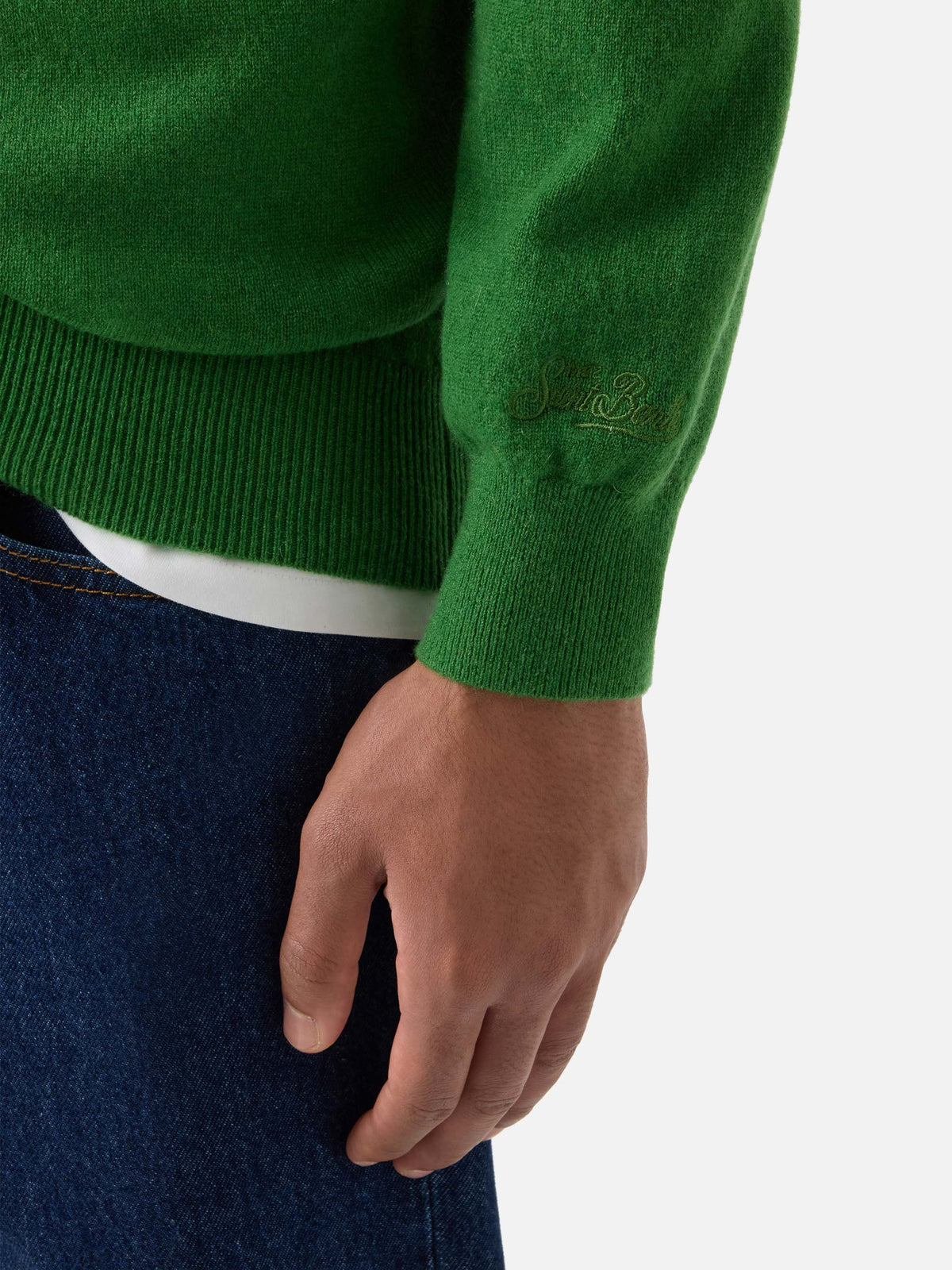 Pull col rond Regent en cachemire vert 