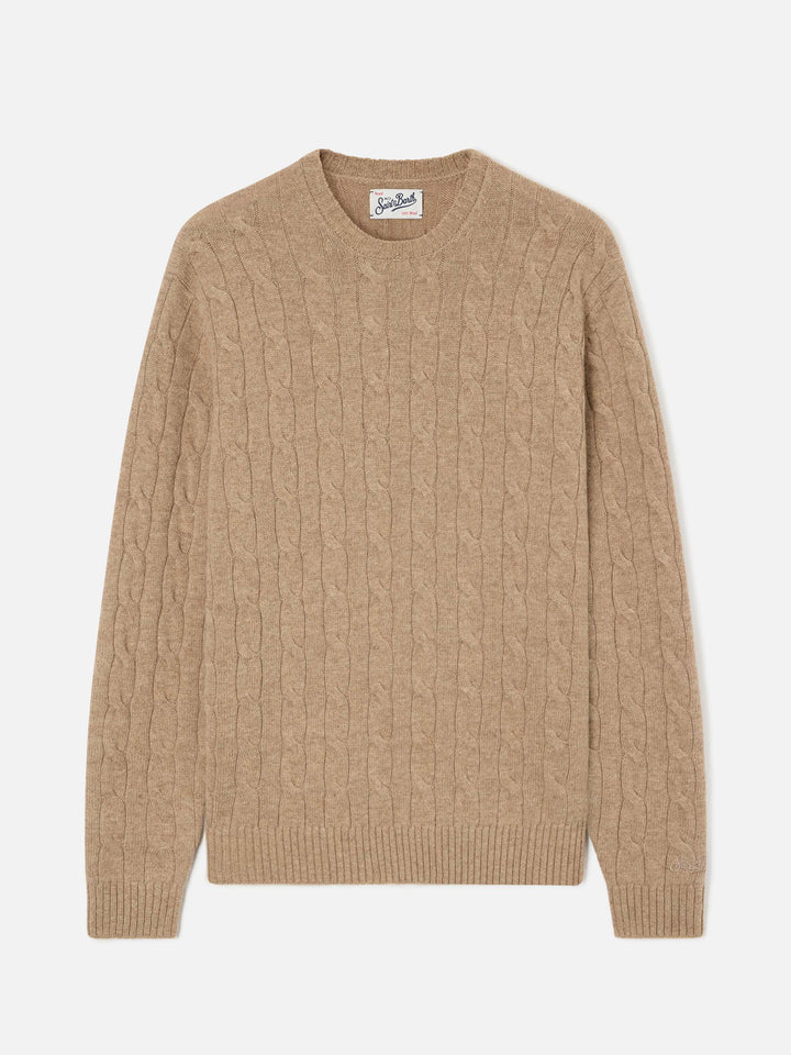 Pull à col rond Regent en laine kaki avec maille torsadée 
