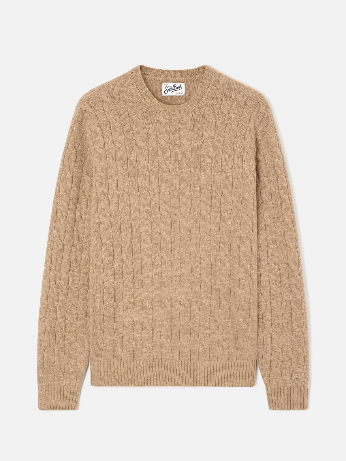 Khaki Regent Wollpullover mit Rundhalsausschnitt und Zopfmuster 