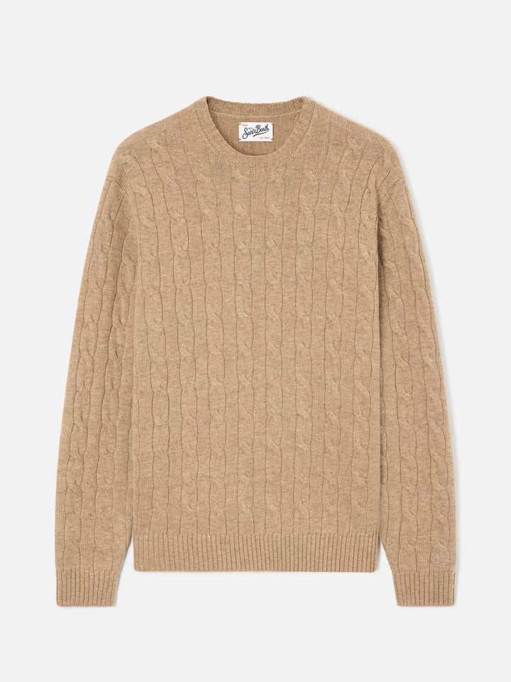 Khaki Regent wool crewneck with cable knit