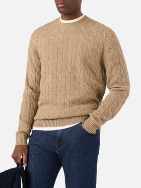 Khaki Regent Wollpullover mit Rundhalsausschnitt und Zopfmuster 