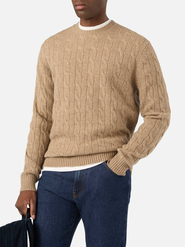 Khaki Regent wool crewneck with cable knit