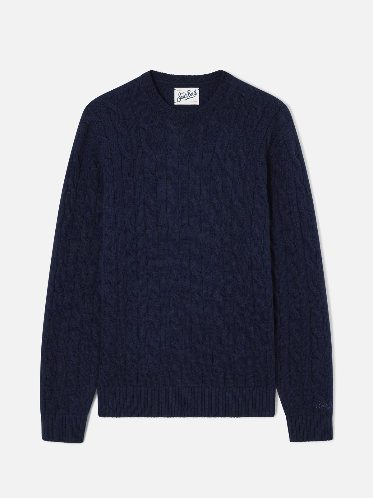 Jersey de cuello redondo Regent de lana con punto trenzado en Navy blue 