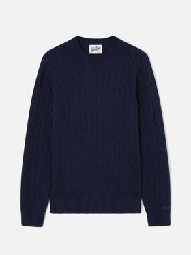 Jersey de cuello redondo Regent de lana con punto trenzado en Navy blue 