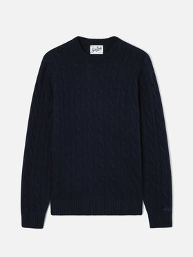 Marineblauer blue Regent Woll-Rundhalspullover mit Zopfmuster 