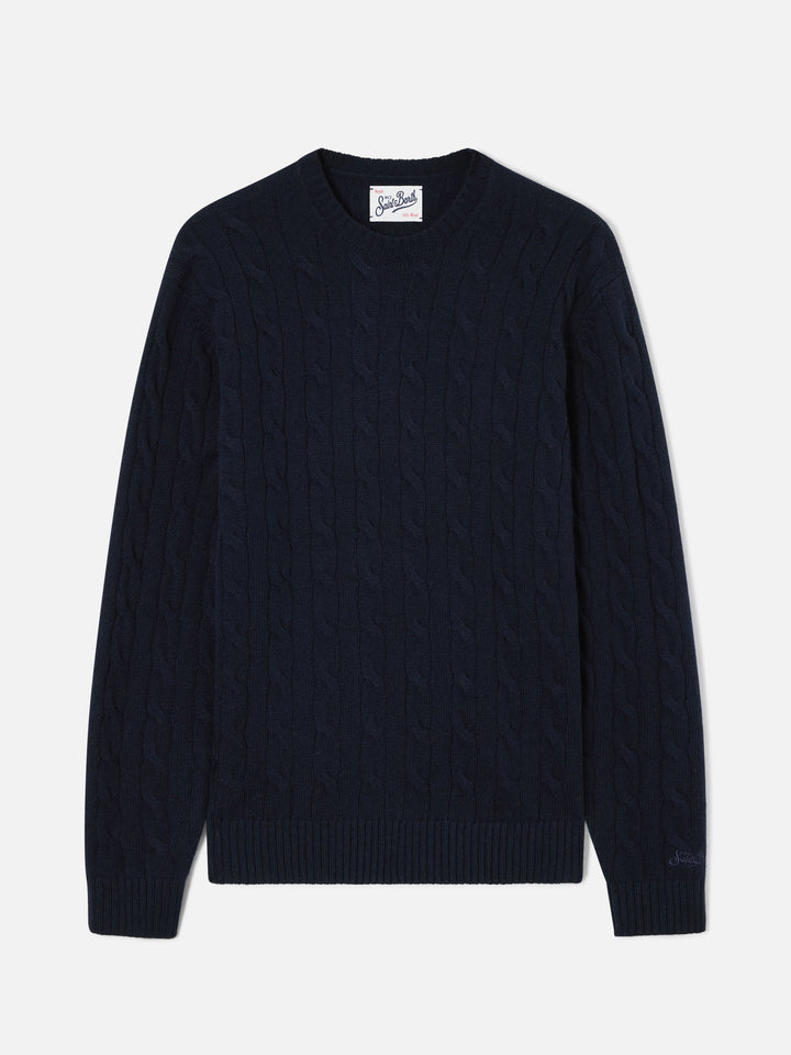 Navy blue Regent wool crewneck with cable knit