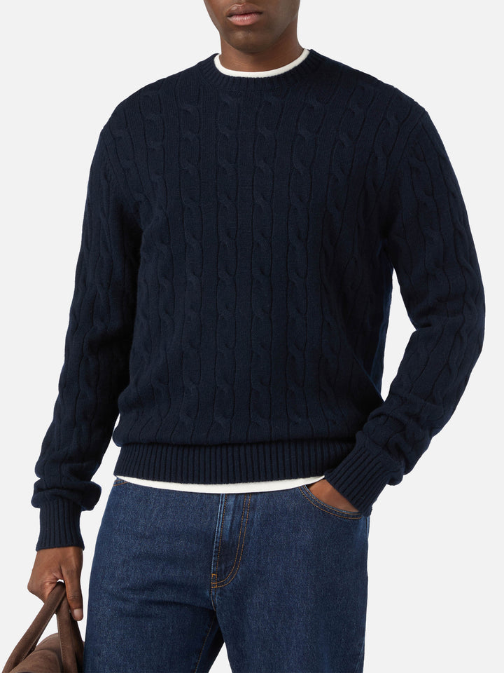Navy blue Regent wool crewneck with cable knit