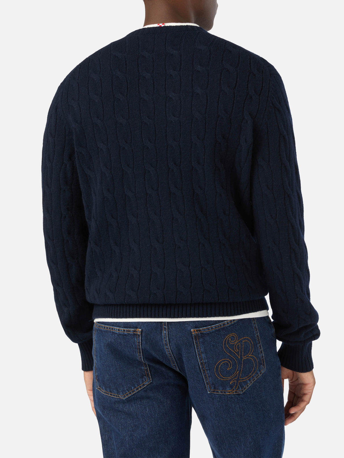 Marineblauer blue Regent Woll-Rundhalspullover mit Zopfmuster 