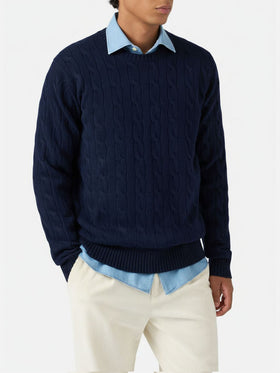 Maglione Regent a trecce in pura lana blu notte