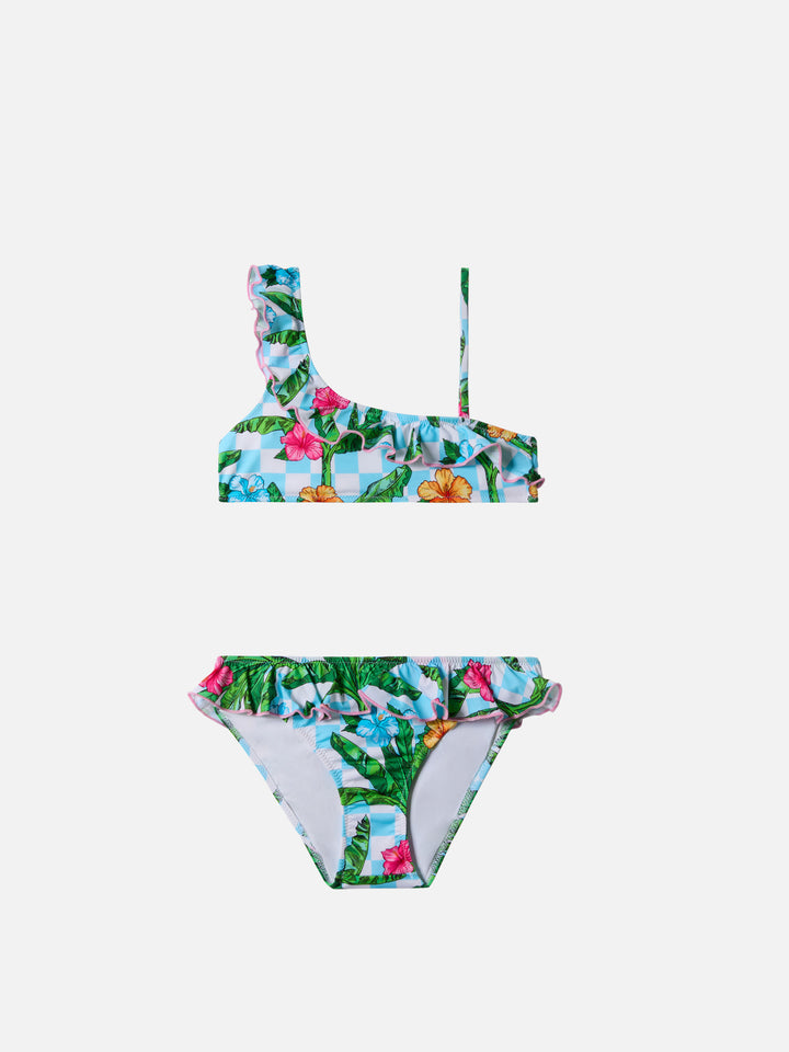 Bikini monospalla Rey con volant e stampa palme