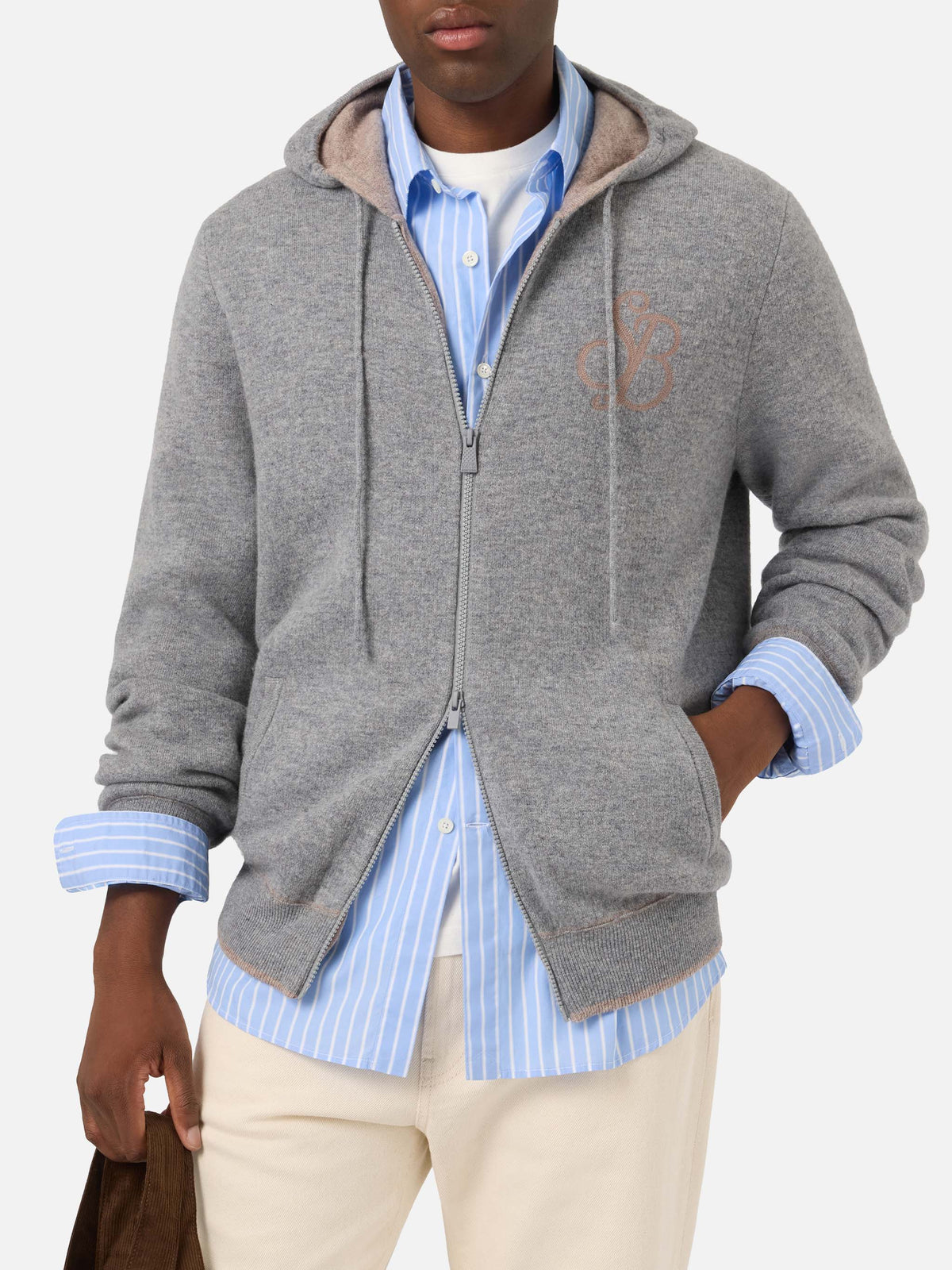 Maglia Ridge grigio melange in lana con cappuccio e monogramma SB Legacy