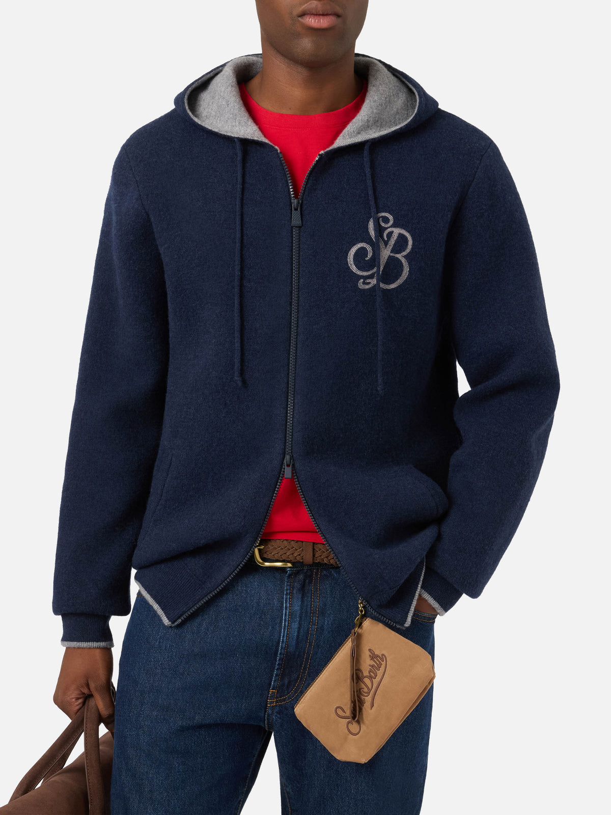 Punto con capucha de lana Ridge Navy blue con monograma SB Legacy 