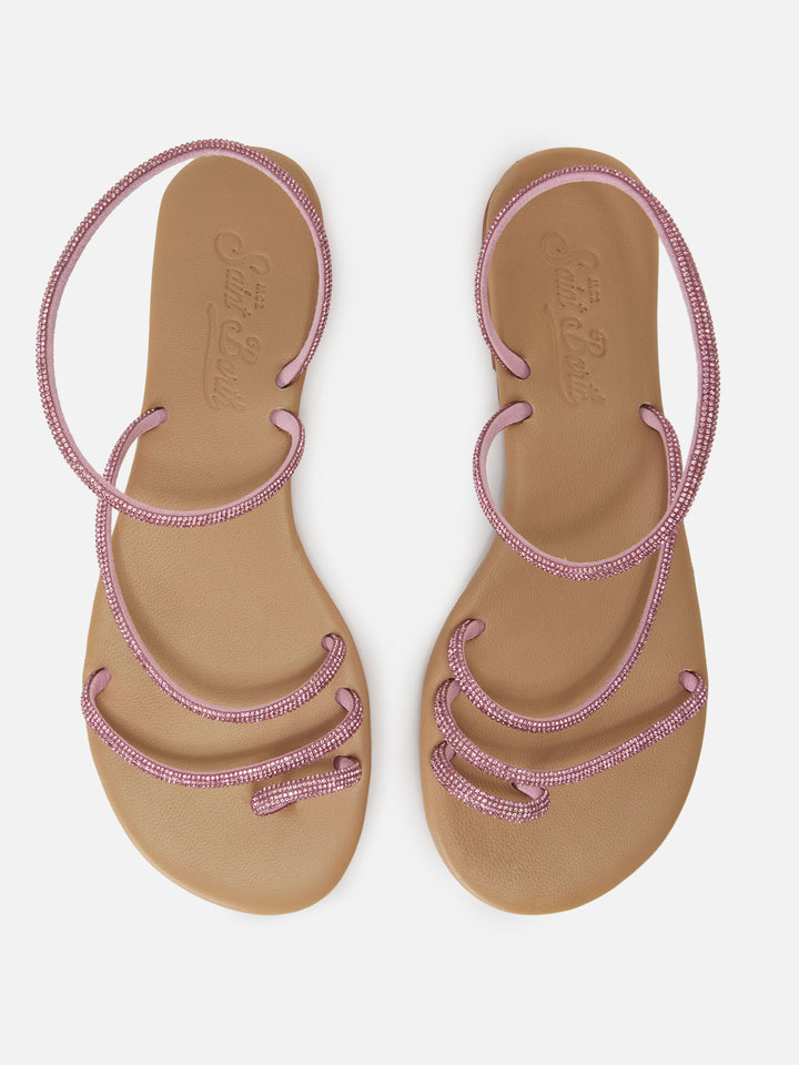 Ring sandals with pink rhinestones