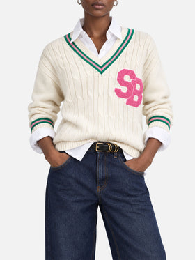 Pull col en V Roger blanc en mélange de cachemire avec patch 