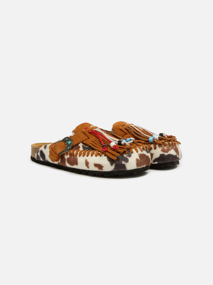 Caribe sandals in cow-print pony tail | TAJI SPECIAL EDITION