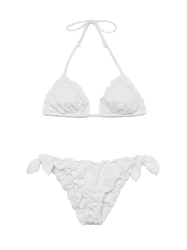 Klassischer Triangel-Bikini Sagittarius Moon aus weißer Sangallo-Spitze