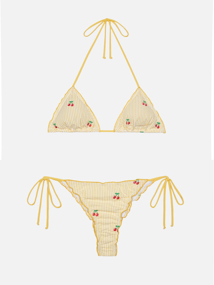 Miami seersucker cheeky swim briefs with striped print and cherry embroidery - Sagittarius seersucker triangle top with striped print and cherry embroidery