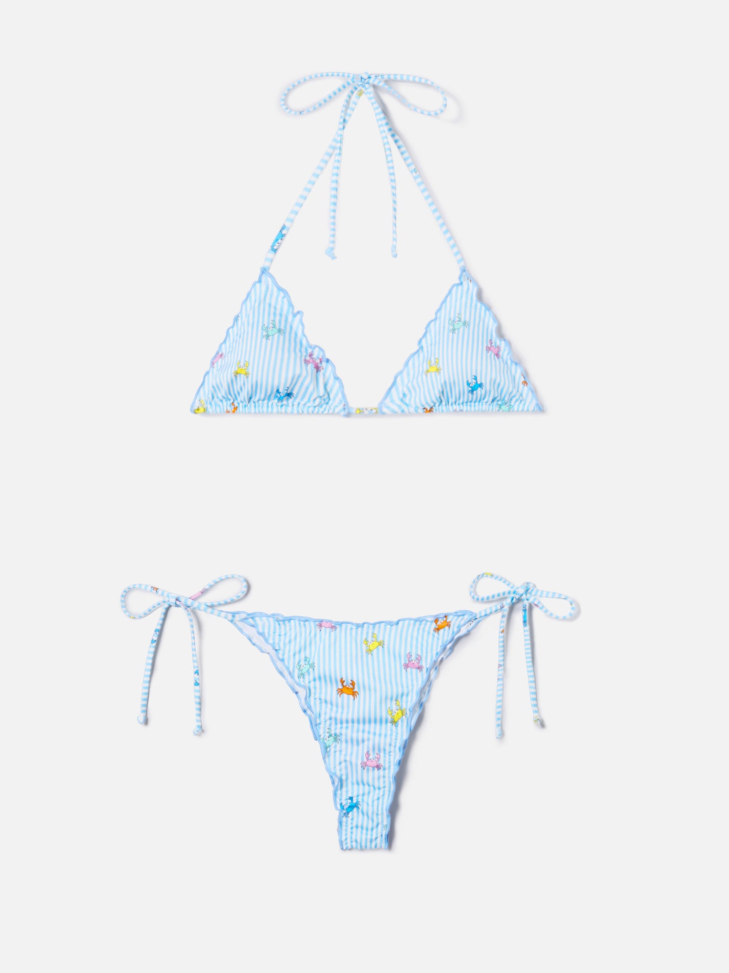 Bikini Sagitami triangle with white and light blue stripes and crab print
