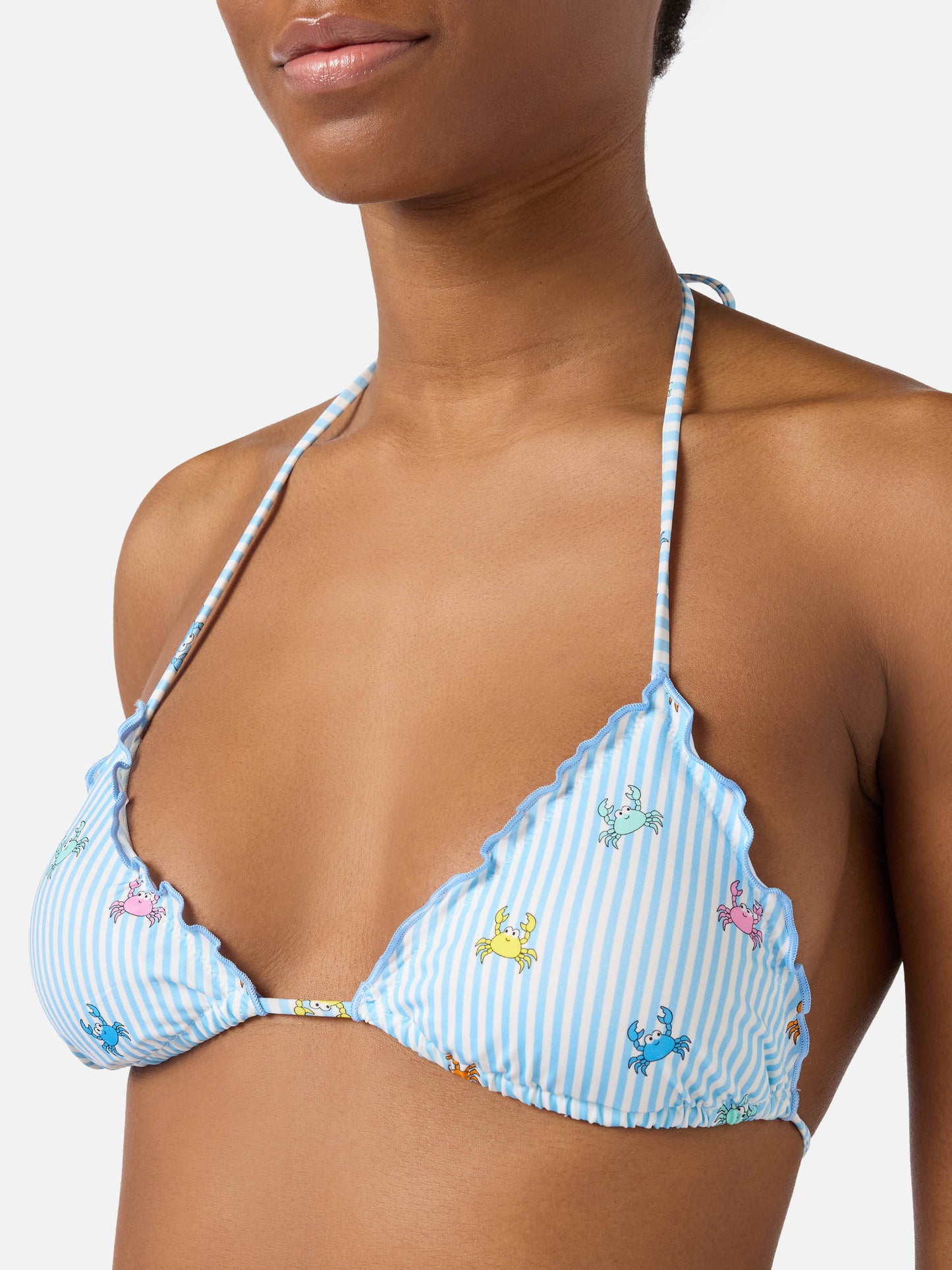 Bikini Sagitami triangle with white and light blue stripes and crab print