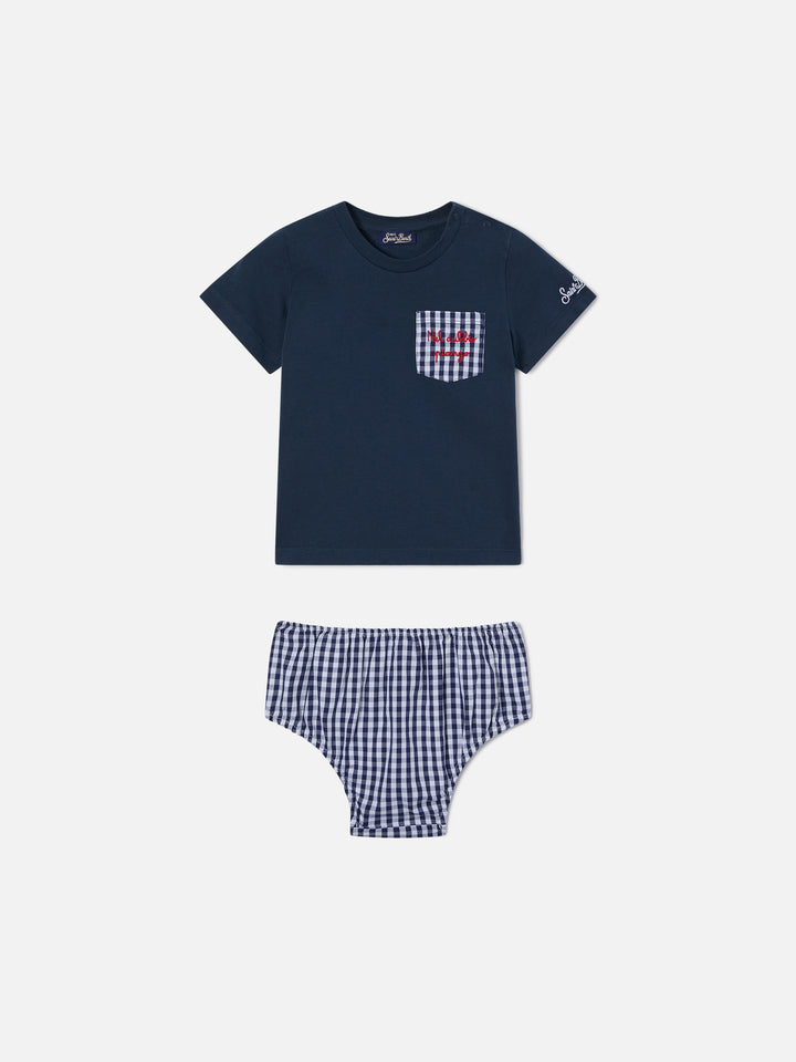 Samy t-shirt with embroidered pocket and vichy bloomer set