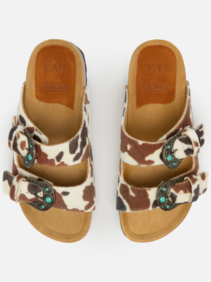 Sandalen mit Schnallen aus Ponyfell mit Kuhfellmuster | TAJI SPECIAL EDITION