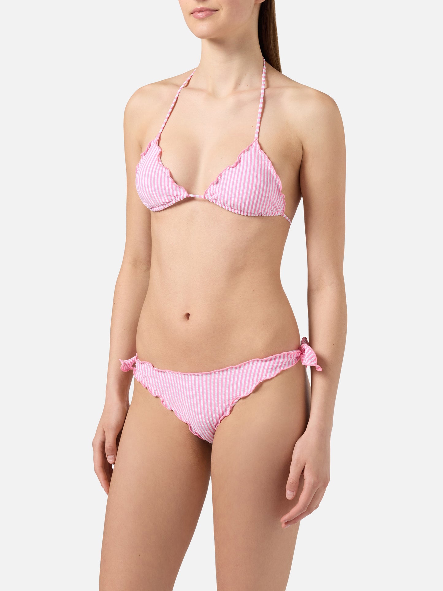 Bikini Sarius triangolo in seersucker a righe bianche e rosa