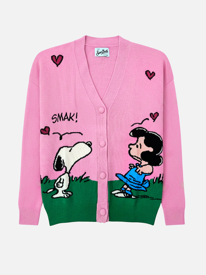 Sasi Strickjacke aus Kaschmir-Mischgewebe in Rosa mit Snoopy-Jacquardmuster | PEANUTS SONDEREDITION