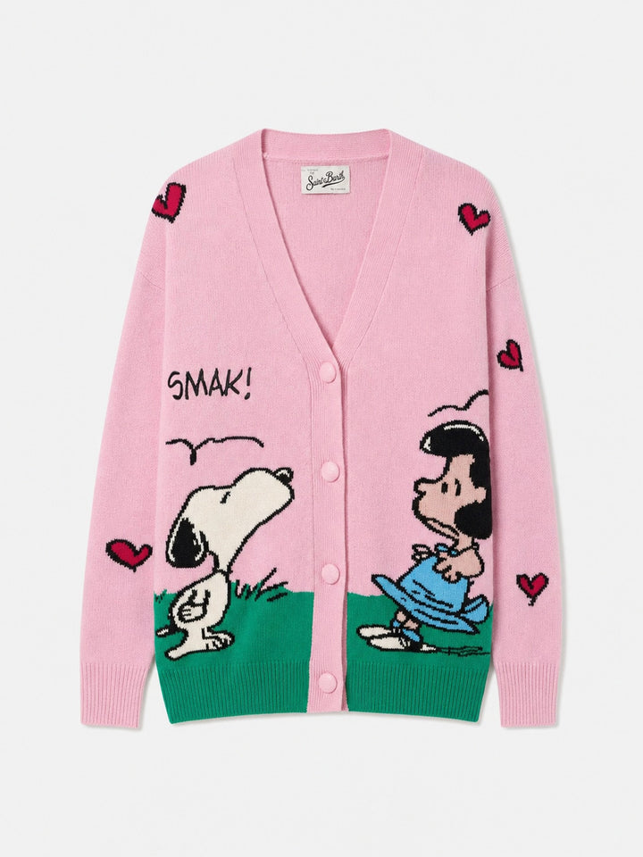 Sasi Cardigan aus Cashmere-Mix in Rosa mit Snoopy-Jacquard | PEANUTS SPECIAL EDITION 