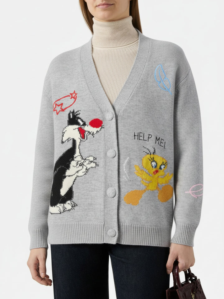 Cardigan Sasi in misto lana donegal con jacquard Titti e Silvestro | WARNER BROS. SPECIAL EDITION