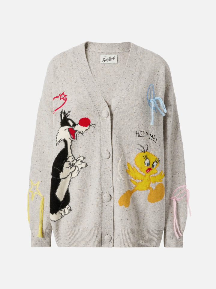 Cardigan grigio chiaro melange Sasi Donegal con jacquard Titti e Silvestro | Special Edition