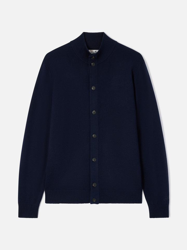 Cardigan Savile blu navy in lana merino con collo alto