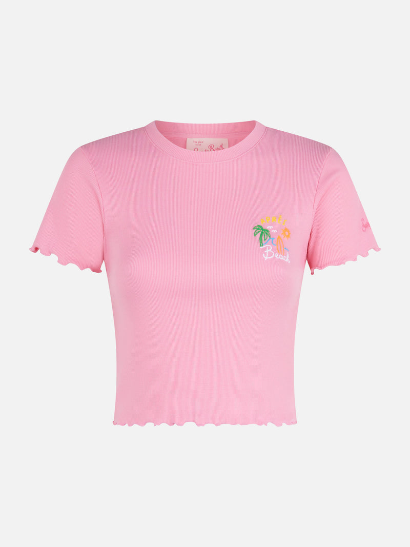 Woman ribbed t-shirt with Après Beach embroidery