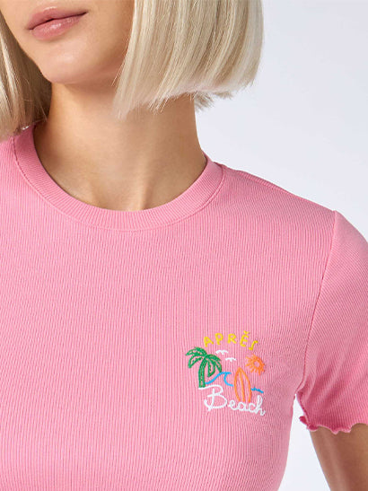 Woman ribbed t-shirt with Après Beach embroidery