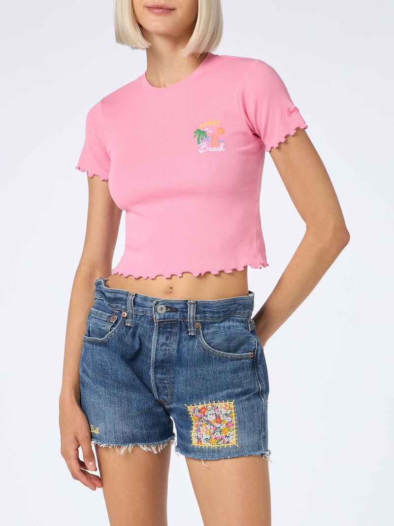 Woman ribbed t-shirt with Après Beach embroidery