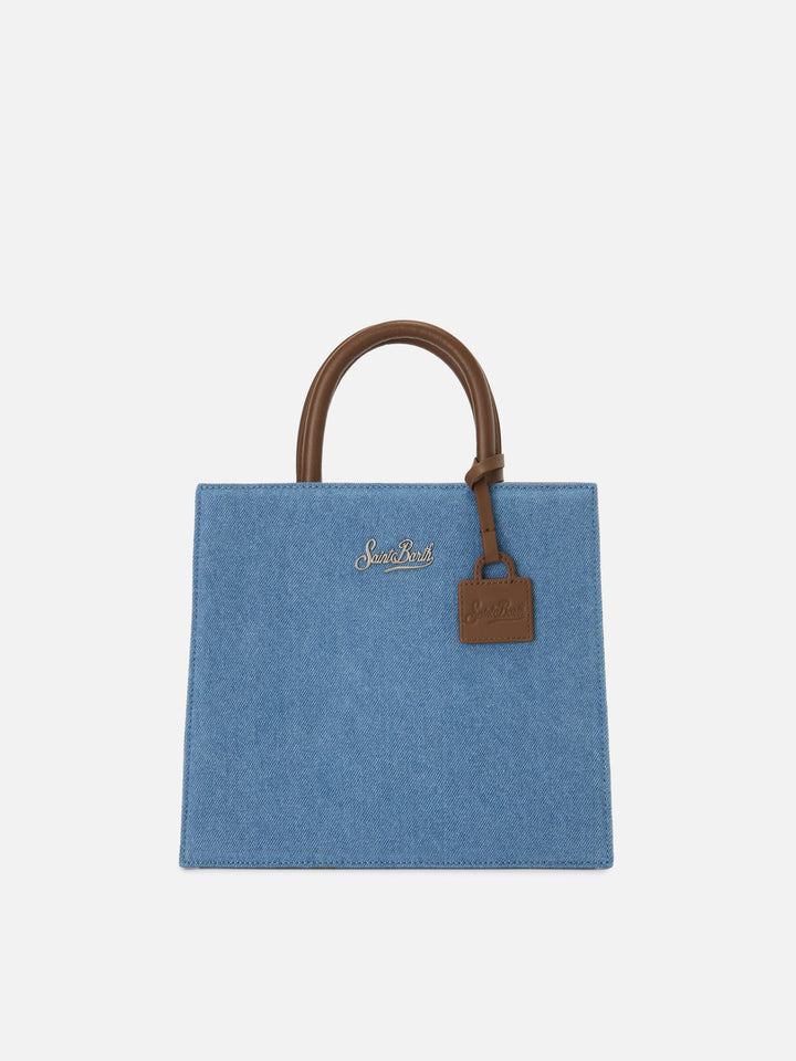 Strukturierte Shop Midi-Tasche aus Denim mit Lederdetails 