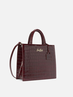 Mittelgroße Bordeaux-Shopper-Tasche aus Leder in Kroko-Optik mit Logo-Schriftzug 
