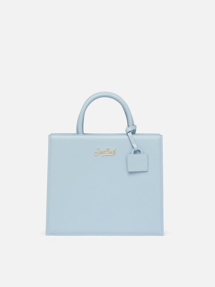 Structured Shop Midi bag in light blue smooth leather with metal tag